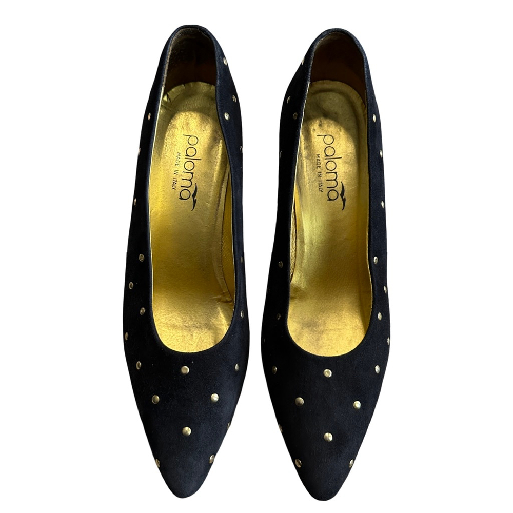 Vero Cuoio Women's Paloma Black Suede Gold Studded Heels Size 10